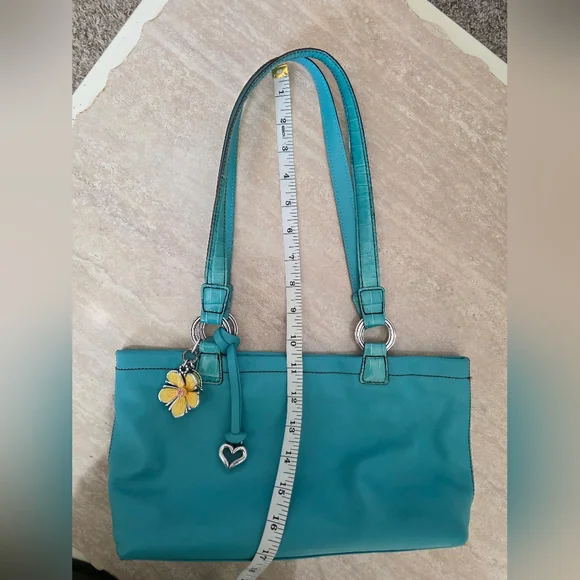 Brighton Teal Leather Shoulder Bag Cric Handles With Flower & Heart Charm GUC - Picture 10 of 10